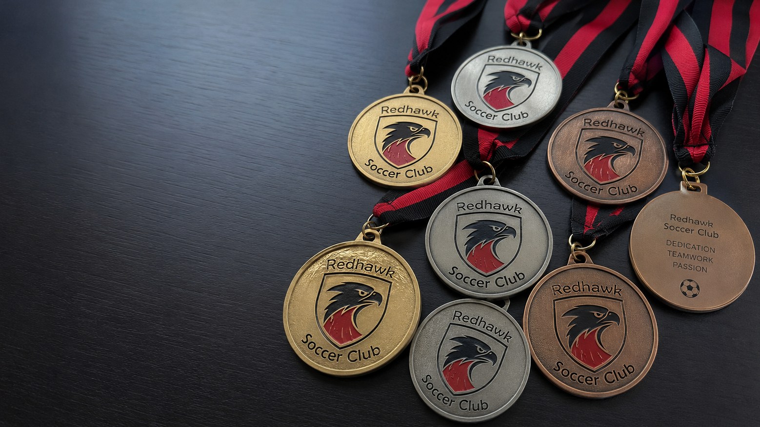 Custom printed soccer medals with a club crest laid out on a table